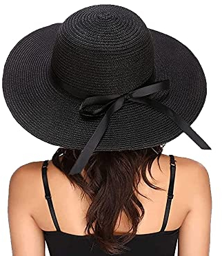 Damen Strohhut, Klappbarer für Damen, Sonnenhut Strand Breite Krempe UV Schutz Floppy Faltbare Packable Große breite Krempe Cap Strandhut (Schwarz)