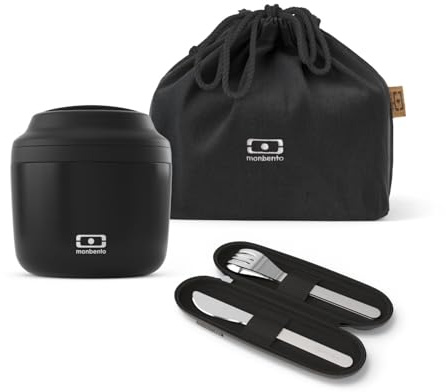monbento - Onyx Lunch Box - with Bento Box MB Element Insulated Up to 10h, MB Slim Nest Stainless Steel Cutlery Set, Lunch Bag MB Pouch M - BPA Free - Durable and Safe - Black