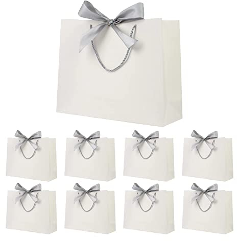 Yieseang Geschenktüte mit Schleife,Weiße Geschenktüten Hochzeit | Geschenktasche Weiss für Geburtstag,Hochzeit,Valentinstag,Weihnachten,32x25x10cm,Weiß,8 Stück