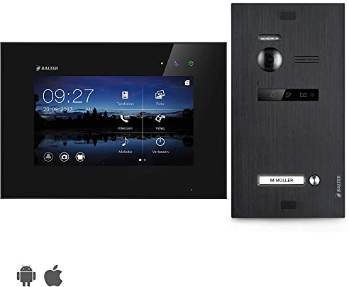 BALTER EVO Video Türsprechanlage ✓ Touchscreen 7 Zoll Monitor Schwarz ✓ 2-Draht BUS ✓ Schwarze Türstation für 1 Familienhaus Türklingel ✓ 150° Weitwinkel-Kamera (1 Monitor, Mit App)