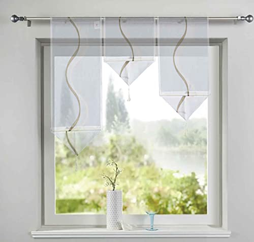 Gardinenbox Scheibengardinen 3er Set Scheibenhänger Taupe Dreieck Abschluß HxB 40-60-80x30 cm mit Beschwerungsstange, 2022200-210