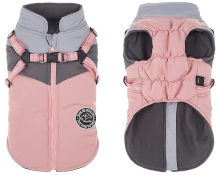 Savlot Hundejacken für den Winter Winddicht Wasserdicht 2 in 1 Outfit Kaltwettermantel Hundewestengeschirr Welpen Winter Warme Jacke Reflektierende Welpenjacke(XXL, Pink + Grau)