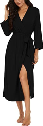 PrinStory Long Peignoir Bain Femme,Robe Vêtements De Nuit Kimono Léger,Col en V avec Ceinture, Idée Cadeau Femme (Noir, XL)