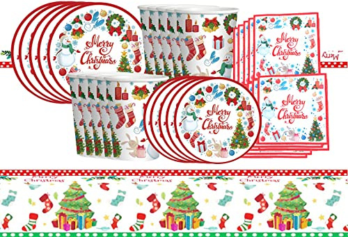 31Pcs Merry Christmas Tree Tableware Set - Disposable Dinnerware for Xmas Parties, Includes 7inch Paper Plates, Paper Napkins, Cups