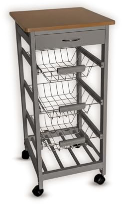 FEFE® Kitchen Trolley Wooden 3 Tier Rolling Basket Organiser Cart Utility Storage Cart with 3 Basket Drawers Wine Rack, Natural and Grey