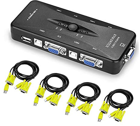Nicfaky USB KVM VGA Switcher, 4 Ports USB 2.0 KVM Switch Box Adapter, One-Button Swapping, 4 VGA Cables Included