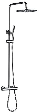 Juego de mezclador de ducha termostático, columna de ducha expuesta de montaje en pared multifunción Grifo de baño con cabezal de lluvia desviador, juego de sistema de ducha de latón macizo con