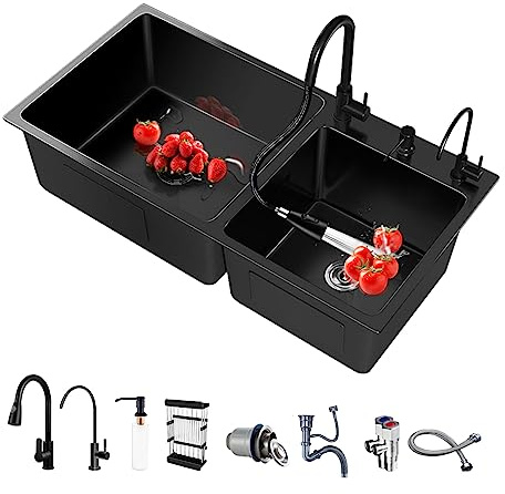 Fregadero cocina 2 seno Fregadero de acero inoxidable Lavabo con Grifo extraíble y accesorios para dispensador de jabón y fregadero. (78 * 43CM, Negro)