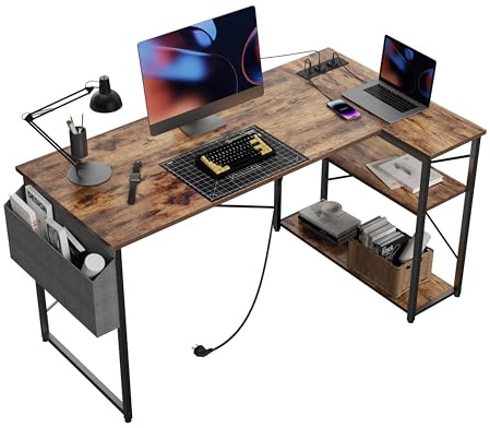 BEXEVUE Small L Shaped Desk with Power Outlets - 100x70 cm Corner Computer Desk Writing Table, Reversible Large Storage Shelves, Bookshelf Workstation for Study Play Work Bedroom Home Office Brown