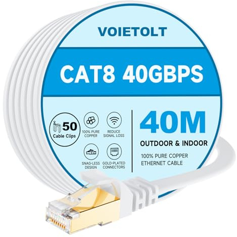 VOIETOLT CAT8 Câble Ethernet 40M, 40Gbps/2000Mhz Haut Débit Gigabit RJ45 LAN Câble Réseau Internet, Cat-8 Plat Câble PatchBlindé Robuste pour PS4/5 Ordinateur Modem PC TV. (Blanc)