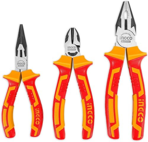 INGCO 3Pcs 1000V VDE Insulated Plier Set, 8 VDE Combination Pliers, 6 Insulated Long Nose plier, 6 Diagonal Cutting plier HIKPS28318