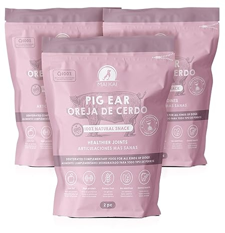 MAIKAI Packung 6 Schweineohren für Hunde - 100% Natürliche Hundesnacks - Alternativer Kauartikel + Getrocknete Schweineohren - Hundefutter - Hundeleckerli