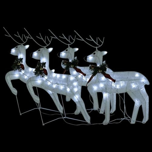 Homgoday LED Rentier Familie,Weihnachtsdekoration Rentier und Schlitten LED,Schlitten und Rentier Weihnachtsdekoration Garten mit LED für Innen und Außen, Baum, Rasen, Garten, 4und Weiß