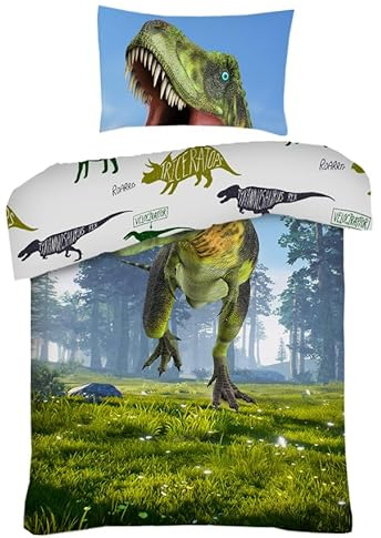 FAIRWAYUK Boys Single Duvet Cover Set, 100% Polyester Reversible Quilt Covers, Microfibre Kids Printed Bedding Set with Pillow Case, Easy Care (Dinosaur)