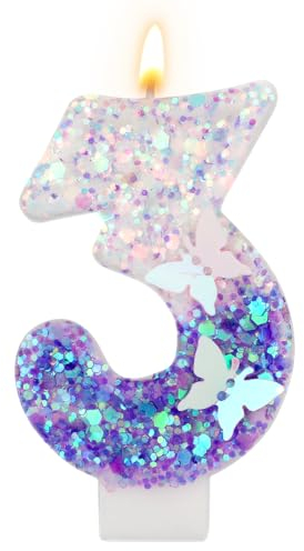 Birthday Number Candles, 2.87 Inch Purple Butterfly Candle Glitter Number Candles Purple Cake Topper Decorations Happy Birthday Cute Number Candles for Celebrations (Number 3)
