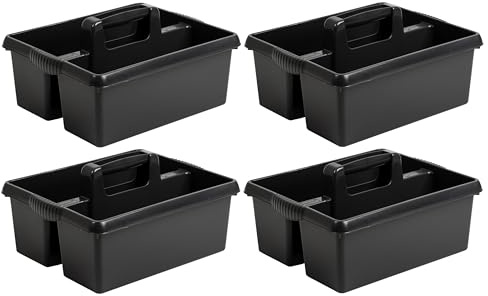 M1SS 4 X Heavy Duty Large Plastic Handy Kitchen Tool Cleaning Tool Box with Handle Utility Storage Tidy Organiser Tote Tray Two Compartment Cleaners Carry Caddy Multipurpose Cleaning Tools - Black