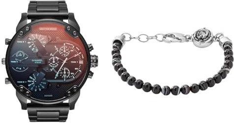 Diesel Men's Mr. Daddy 2.0 Watch and Beads Bracelet, Black Stainless Steel, Set