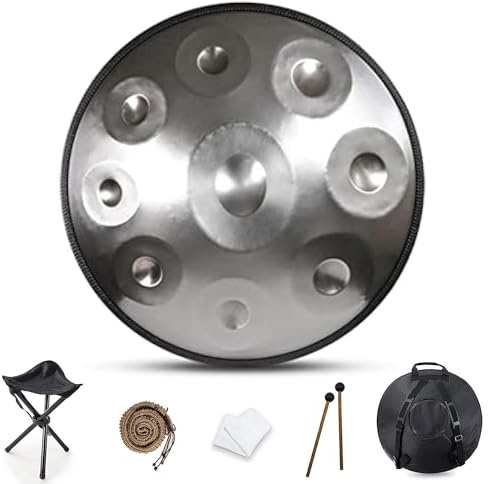 Handpan Drum in D Minor 9 Notes 22 Inch Steel Handpan Instrument 432Hz Handpan Drum with Soft Handpan Bag, 2 Handpan Mallets, Handpan Stand, for Sound Healing, Personal Meditation (Gold)
