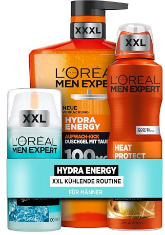 L'Oréal Men Expert kühlendes Pflegeset Anti-Glanz für Männer, Mit XXXL Duschgel, XXL Gesichtspflege und XXL Deospray, Set für Herren mit Taurin, Meeresquellwasser und Keramik, Hydra Energy, 3-teilig