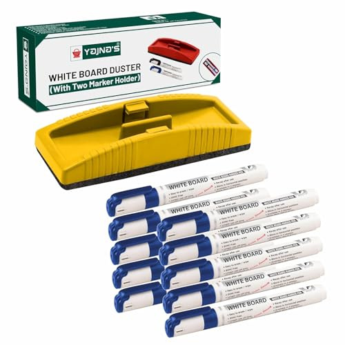 YAJNAS Spolverino magnetico per lavagna bianca e pennarelli, pennarelli a inchiostro blu, per lavagna bianca con pennarelli facilmente cancellabili (spolverino magnetico, spolverino + 10 pennarelli