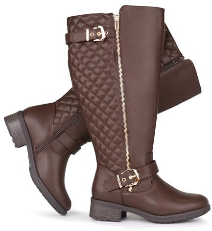 Chicblooms Damen-Reitstiefel mit extra breiter Wade, kniehoch, Retro-Doppelschnalle, schicker Stil, Herbststiefel, Braunes PU, EU 43