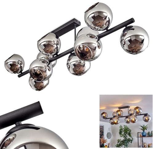 HOFSTEIN Deckenleuchte Koyoto, 10-flammige Deckenlampe aus Metall/Glas in Schwarz/Chrom/Rauch, moderne Leuchte im Retro/Vintage-Design (Schirme Ø 15cm), E14, Esszimmer, Wohnzimmer, Küche, Flur, Büro