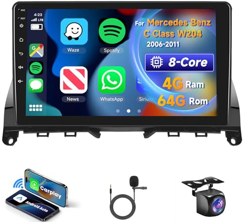 8 CORE 4G+64G Autoradio Android 13 pour Mercedes Benz Classe C W204 S204 2006-2011, Écran Tactile IPS 9 Pouces Autoradio avec Carplay Android Auto sans Fil DSP GPS Wi-Fi HiFi Bluetooth Caméra de Recul