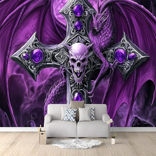 Amethyst-Edelstein Totenkopf Fliegender Drache Tapete Wandbild 3D Fototapete Lila Vliestapete Wandtapete Foto für Modernes Design der Fernseh Hintergrund Wand-Kunst-Deko, 400x280 cm