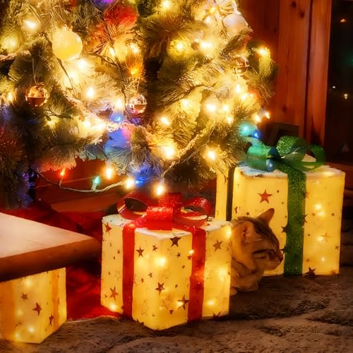 GBLY LED Geschenkbox Weihnachten Deko: 3er Set Personalisierte Geschenke Innen mit Fernbedienung Weihnachtsstern Beleuchtet 50 LEDs Beleuchtung Batterie unter Weihnachtsbaum für Wohnzimmer Garten
