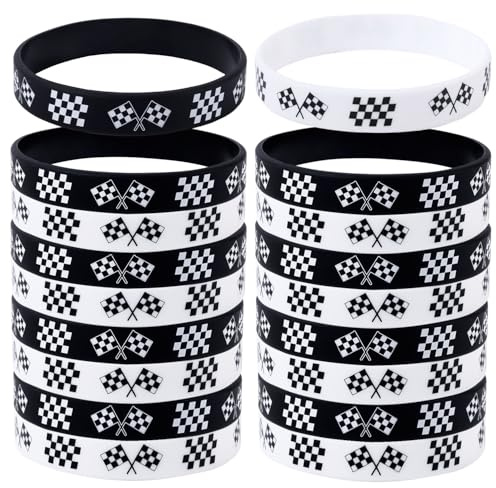 Gosknor 48pcs Racing Flag Rubber Bracelets, Black & White Race Car Silicone Bracelets Checkered Flag Wristbands Race Car Wristbands for Racing Party Favors Sports Events