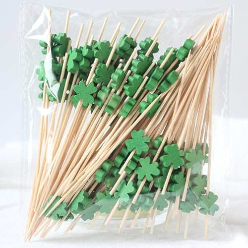 100 palillos de cóctel de trébol de 4.7 pulgadas, palillos de frutas de alimentos, sándwich, charcutería, pinchos para aperitivos, hechos a mano de madera de bambú para decoración irlandesa del día de