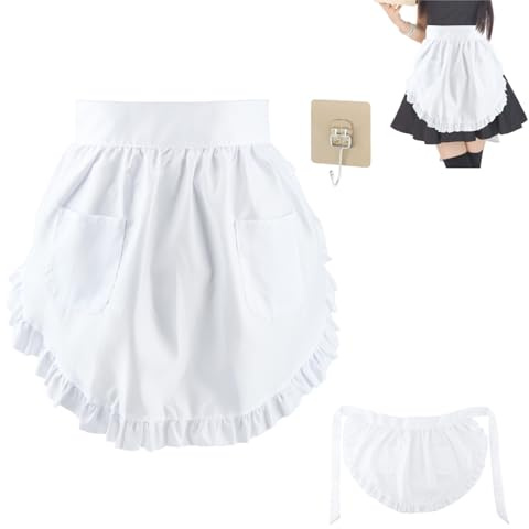 Women's Waist Apron with 2 Pockets, White Half Apron, Cosplay Maid Apron