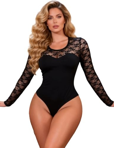 comeondear Body Donna Sexy in Pizzo Bodysuit Lungo Manica Lunga con Bottoni a Pressione Taglia Grande Lingerie Collo Tondo per Intimo Femminile Confortevole Teddy(Nero,L)