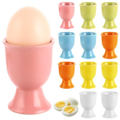 Oungy 12 Stück Eierbecher Porzellan, Runde Eierbecher Keramik, 5x4,5x7 cm Mehrfarbig Eierbecher Camping, Eierbecher Steingut, für Weiche Oder Harte FrühstüCksei, als Ständer für FrüHstückseier