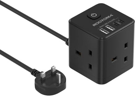 Cube Extension Lead with USB C Slots, 3 Way Power Extension with 4 USB (5V/3.1A 15.5W), Small Black Tower Extension Lead for Home, Office, Dorm Room, 2M, 13A/3250W