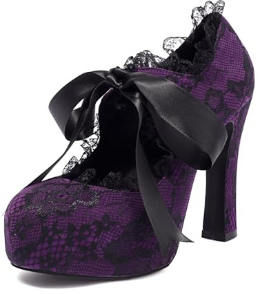 elerhythm, scarpe da donna con punta floreale, tipo Mary Jane, punk, chiuse, a punta, costume, elegante, gotico, pumps, vintage, piattaforma, tacco alto, Lilla, 39 EU