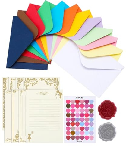 Smivyhp 60 Stück Mini Briefumschläge Bunt Umschläge Klein 10x7 cm mit Herz Verschluss Aufkleber, 8 Briefpapiere und 2 Wachssiegel Set für Geschenke Grußkarten Hochzeit Party