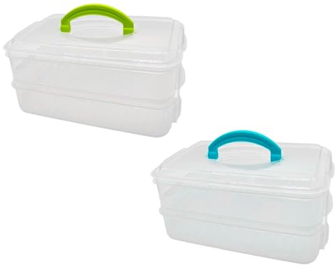 Tradineur - Pack de 2 fiambreras apilables Nº 3 con asa, plástico, 2 compartimentos de 1,5 litros, apto para microondas y congelador, fabricado en España - 15,5 x 23,5 x 11 cm - Color aleatorio