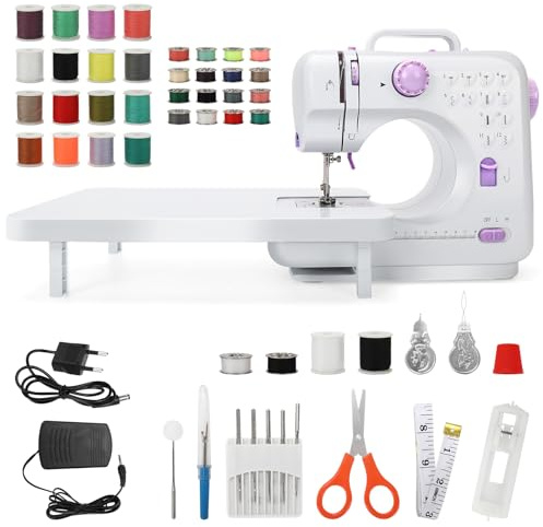 Mini Nähmaschine mit Anschiebetisch für Anfänger, Mini-Nähmaschine mit 42-teiligem Garnset, 12 Stichen, Fußpedal, 2 Geschwindigkeiten und LED-Licht, für Kleidung, Bettlaken