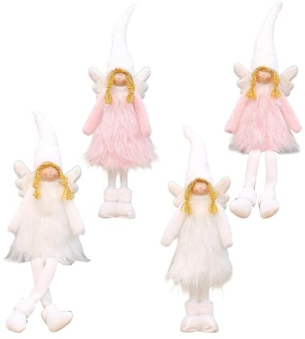 FUBESK Decoración de muñeca de ángel de Navidad con patas retráctiles y posición sentada, adorno navideño de felpa blanca y rosa para el hogar, la oficina o el árbol de Navidad (blanco)