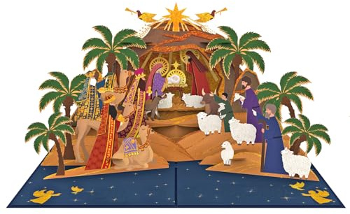 Favour Pop Up - Tarjeta navideña 3D nostálgica con pesebre con Sagrada Familia, Reyes Magos y ángeles – Tarjeta desplegable hecha a mano con cubierta decorada con oro, tarjeta insertable y sobre TM109