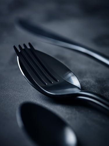 Table Noir Set de couverts 108 couverts en acier inoxydable 18/10, finition PVD noir mat, passe au lave-vaisselle, pour restaurant et maison, design scandinave, avec couteau de 21,7 cm, fourchette et