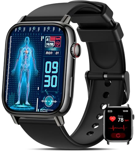 DEKELIFE Smartwatch Herren Damen mit ΒΙυτｚυcker/EKG/HRV/ 1.83 Fitness Gesundheitsuhr mit 24h Herzfrequenz/Blutdruck/SPO2/Schlaf/SOS-Notruf, 145+ Sportmodi Fitnessuhr Schrittzähler iOS Android Schwarz