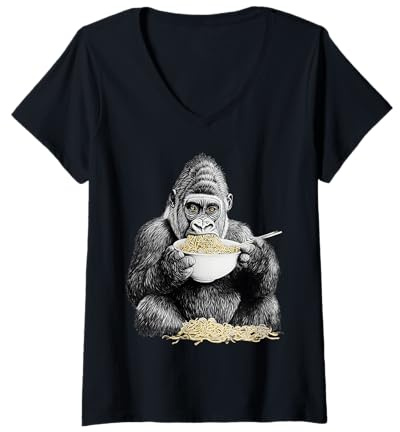 Mujer Funny Gorilla Eating Ramen Fideos con diseño de Palillos Camiseta Cuello V