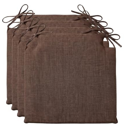 PIND Pack 4 Cojines Cuadrados para Sillas 40x40 con Relleno de Espuma Firme, Funda Efecto Lino Transpirable con Lazos de Sujeción. Ideal para Sillas de Cocina, Terraza, Oficina. (4, Marrón)