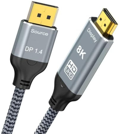 Cable DisplayPort a HDMI 2.1 de 3.3 pies, compatible con 8K a 60Hz 4K a 120Hz unidireccional DP a HDMI, cable trenzado compatible con Dell, NVIDIA, AMD, monitor, proyector (gris)