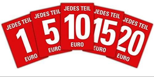 Preisschilder Je 5 Stück / 25 Stück Gesamt Jedes Teil 1, 5, 10, 15, 20 Euro DIN A4 / 21 x 29,7 cm für Räumungsverkauf/ohne Rahmen
