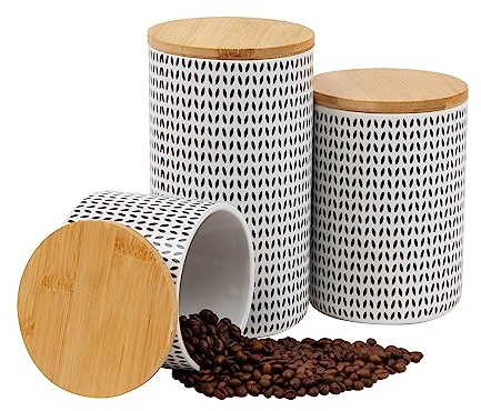 Mind Reader 3-Piece Canister Set, Sugar Container, Coffee Storage, Lids, Kitchen, Ceramic, 4L x 4W x 7H, Black and White