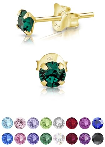 DTPsilver - * MINI * Boucles d'oreilles/Clous en Argent Fin 925 Plaqué Or Jaune et Cristaux Ronds - Diamètre: 4 mm - Couleur: Emeraude