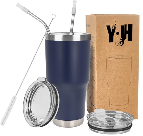 Y·J&H resebehållare med dubbla väggar, vakuumisolerad kaffemugg i rostfritt stål med 2 stänksäkra lock, 2 sugrör och gratis rengöringsborste, BPA-fri